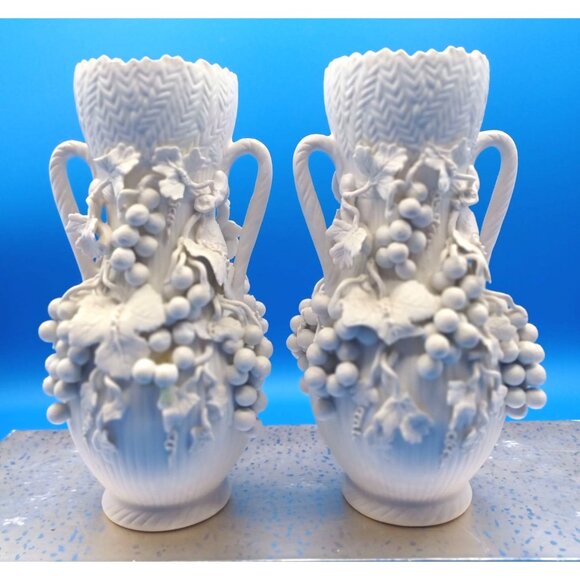 Antique Blanc De Chine Parian Ware Porcelain Bisque Amphora Vases Set Of 2 - Picture 7 of 15